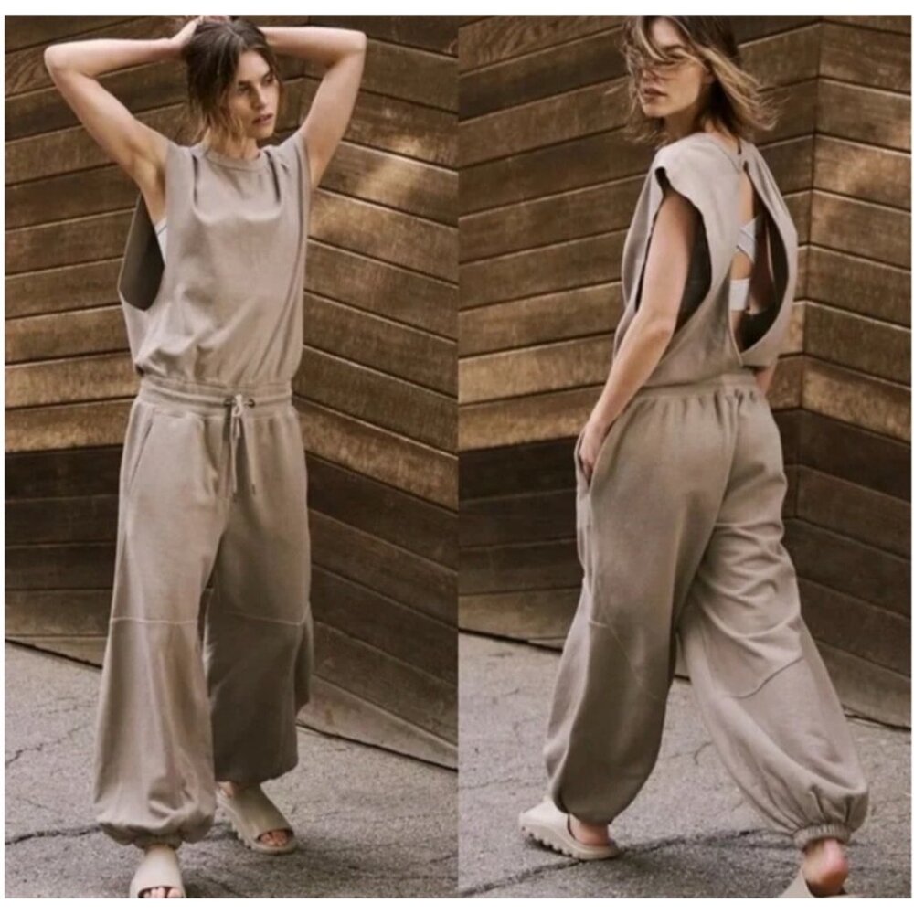Free People Taupe Cutout-Back Wide Leg Jumpsuit